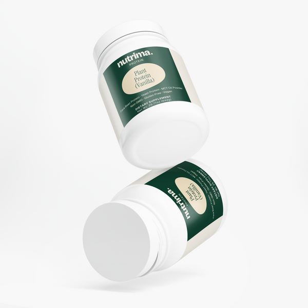 Two jars of Plant Protein (Vanilla) by nutrima are shown with a clean white background, highlighting the packaging design.
