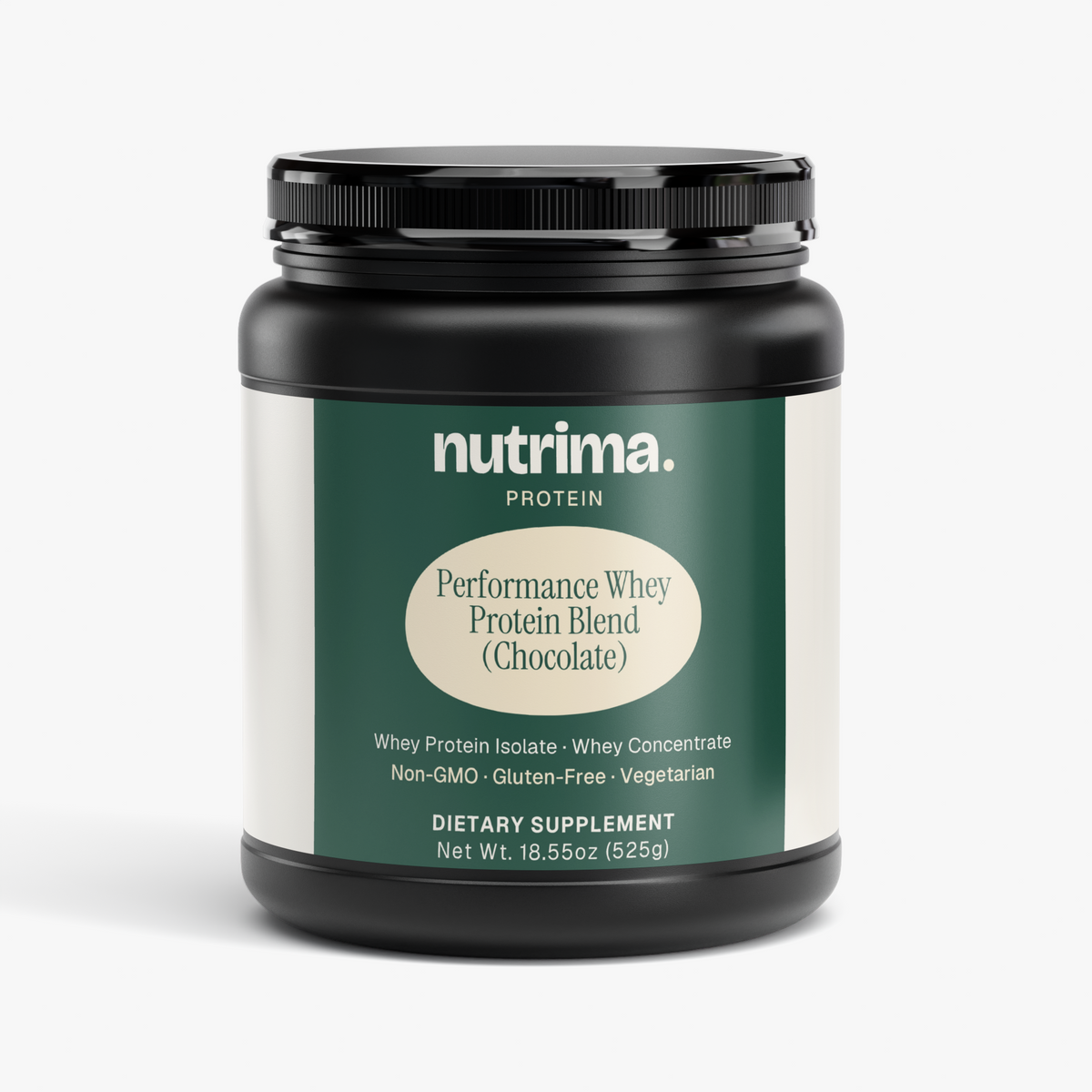 Black container of Performance Whey Protein Blend (Chocolate) on a white background, by nutrima.