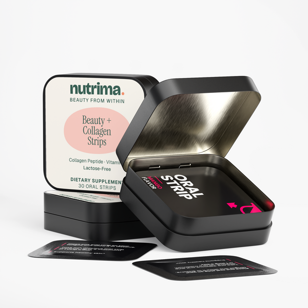 Open tin showcasing Beauty + Collagen Strips with mango flavor and packaging by nutrima.
