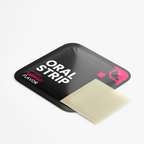 A black packaging featuring an open Oral Strip in mango flavor, showcasing the translucent strip inside by nutrima.