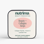 Beauty + Collagen Strips packaging features a modern design with a peach background and text by nutrima.