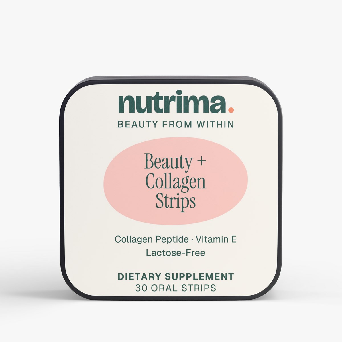 Beauty + Collagen Strips packaging features a modern design with a peach background and text by nutrima.