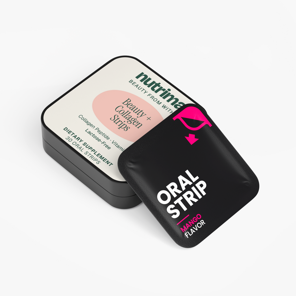 Beauty + Collagen Strips in a sleek black tin, featuring a mango flavor oral strip, by nutrima.