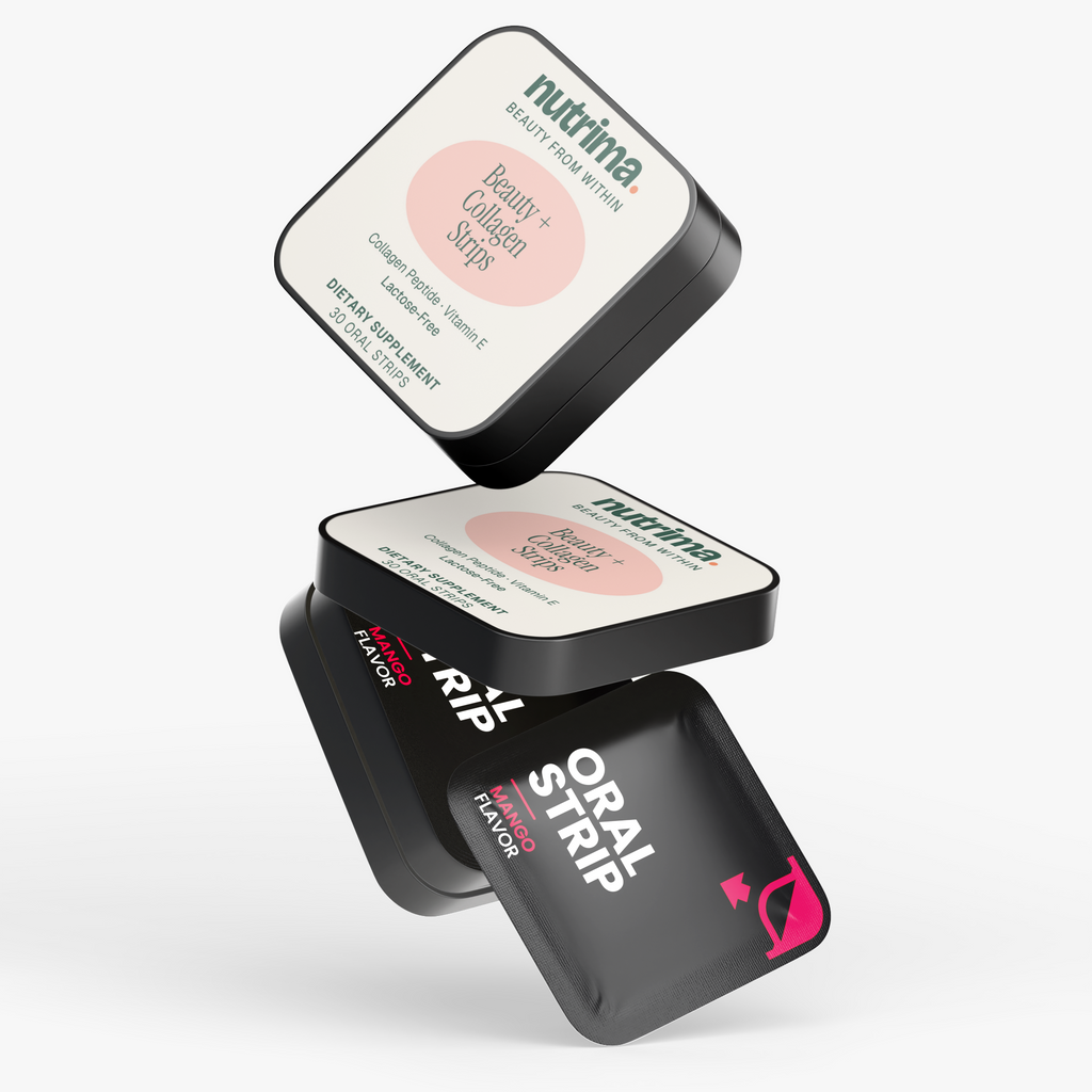 Three packaging containers of Beauty + Collagen Strips by nutrima, showcasing vibrant designs and a mango flavor strip.