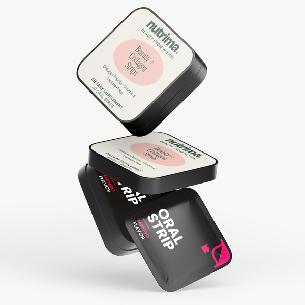 Three packaging containers of Beauty + Collagen Strips by nutrima, showcasing vibrant designs and a mango flavor strip.