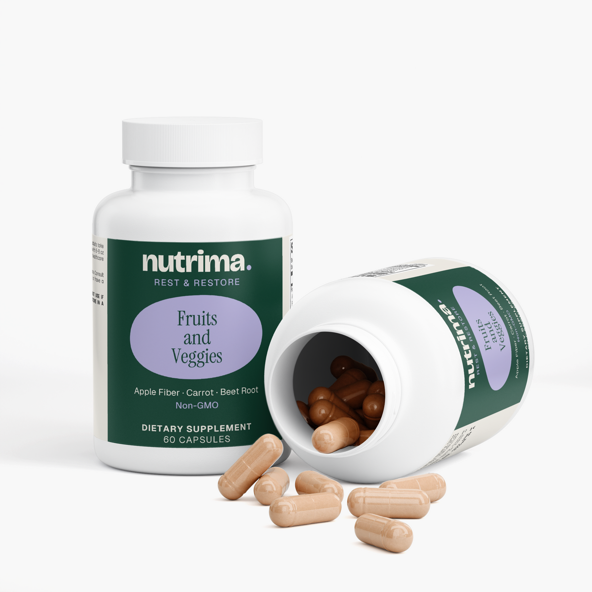 Fruits and Veggies dietary supplement bottles with capsules spilled, showcasing the unique packaging by nutrima.