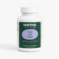 Round white bottle of Fruits and Veggies dietary supplement, featuring a green and purple label, by nutrima.