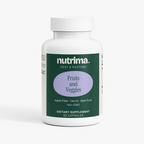 Round white bottle of Fruits and Veggies dietary supplement, featuring a green and purple label, by nutrima.