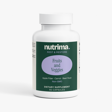 Round white bottle of Fruits and Veggies dietary supplement, featuring a green and purple label, by nutrima.