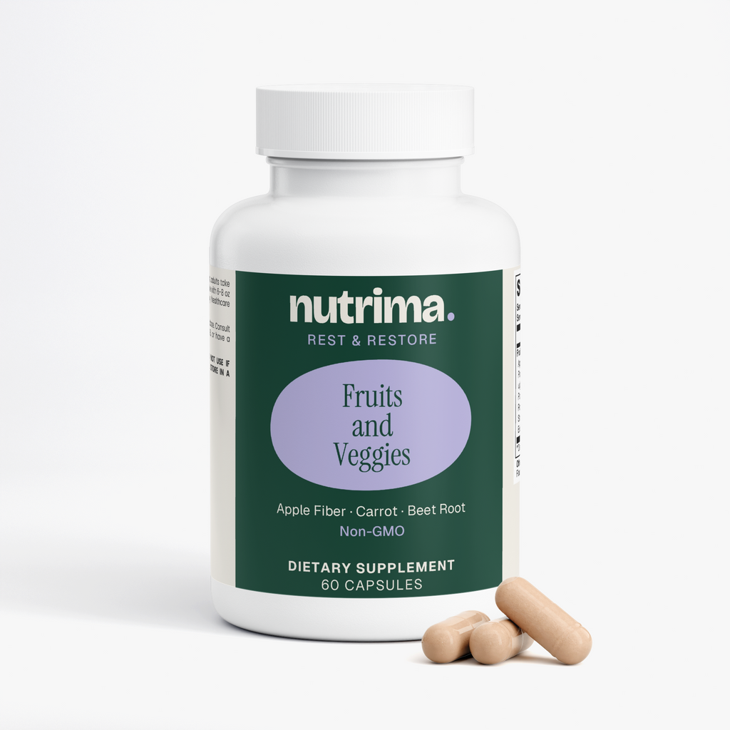 Compact white bottle of Fruits and Veggies dietary supplement with three capsules beside it, by nutrima.