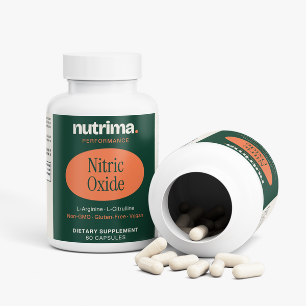 White capsule bottle of Nitric Oxide dietary supplement with spilled capsules, featuring a green and orange label by nutrima.