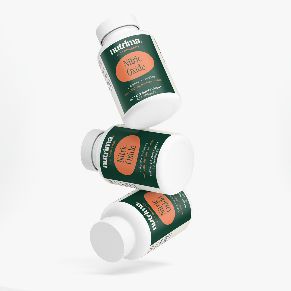 Three bottles of Nitric Oxide dietary supplement by nutrima, featuring a dark green label and sleek white design.