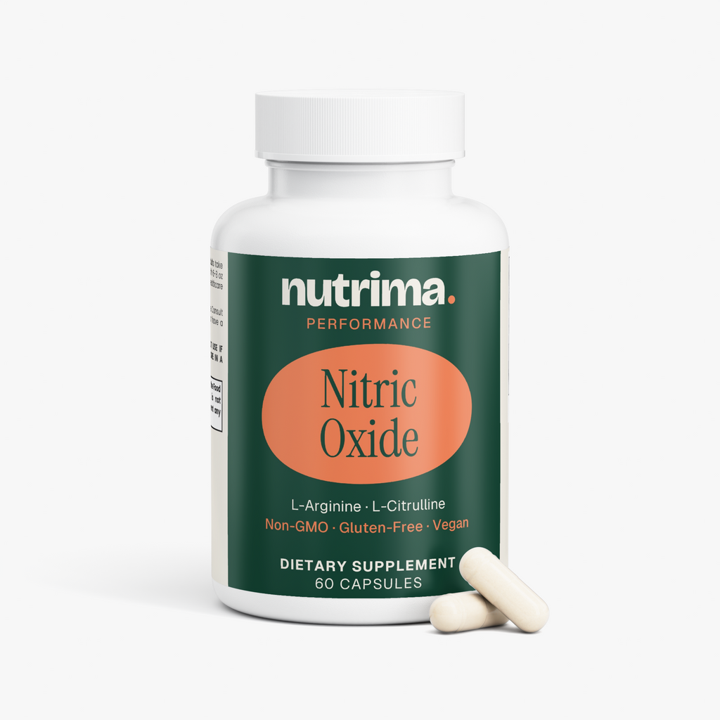 Nutrima's Nitric Oxide dietary supplement bottle with white capsules, featuring a green label and orange accents.