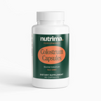 Colostrum Capsules in a white bottle with green and orange label, 60 capsules dietary supplement by nutrima.