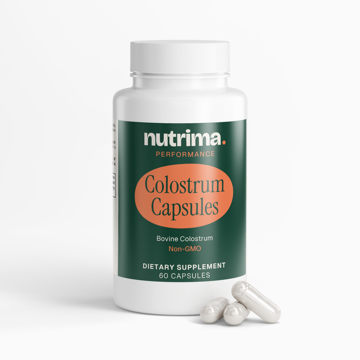 Bottled Colostrum Capsules in green and orange packaging, with three visible capsules beside it, by nutrima.