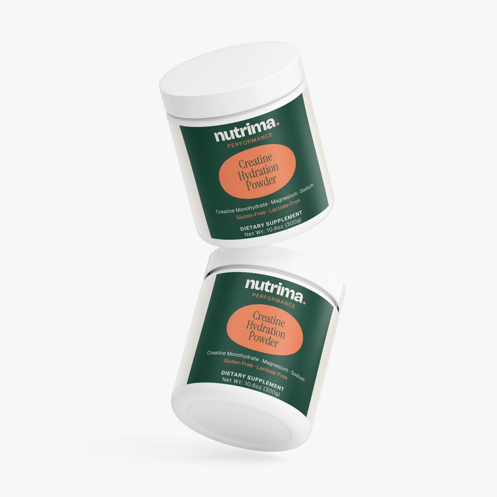 Two jars of Creatine Hydration Powder showcasing the green and orange design, by nutrima.