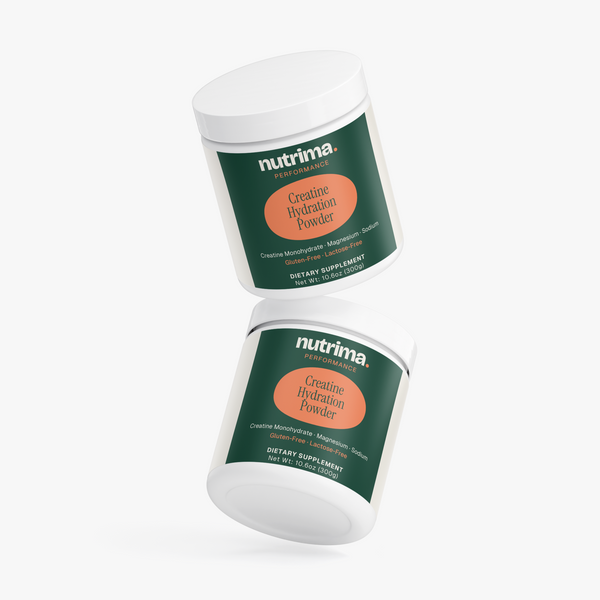 Two jars of Creatine Hydration Powder showcasing the green and orange design, by nutrima.