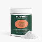 Creatine Hydration Powder in a white tub with green and orange label, featuring a mound of white powder by nutrima.
