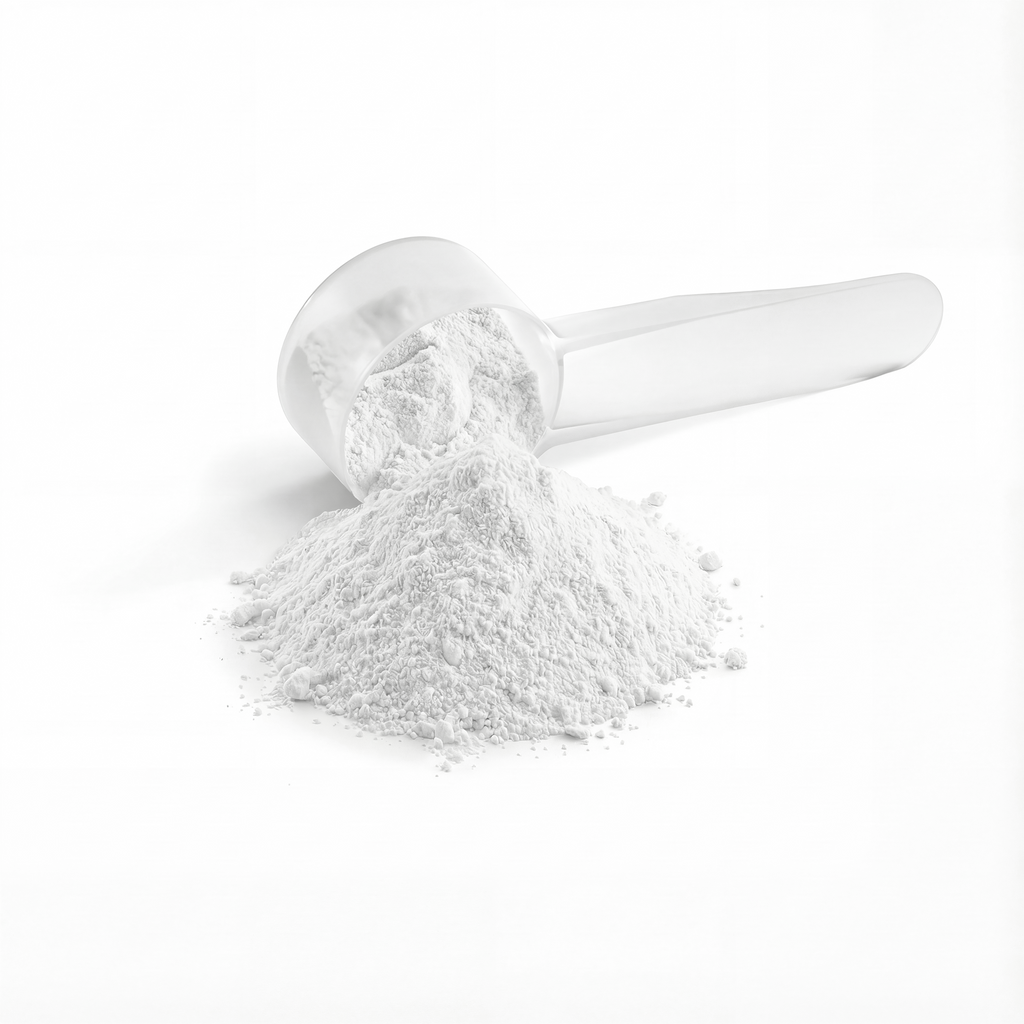 A clear scoop rests beside a mound of powder, showcasing the Creatine Hydration Powder by nutrima.