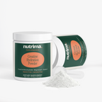 Creatine Hydration Powder in a white jar with a green and orange label, featuring a scoop and powder on display by nutrima.