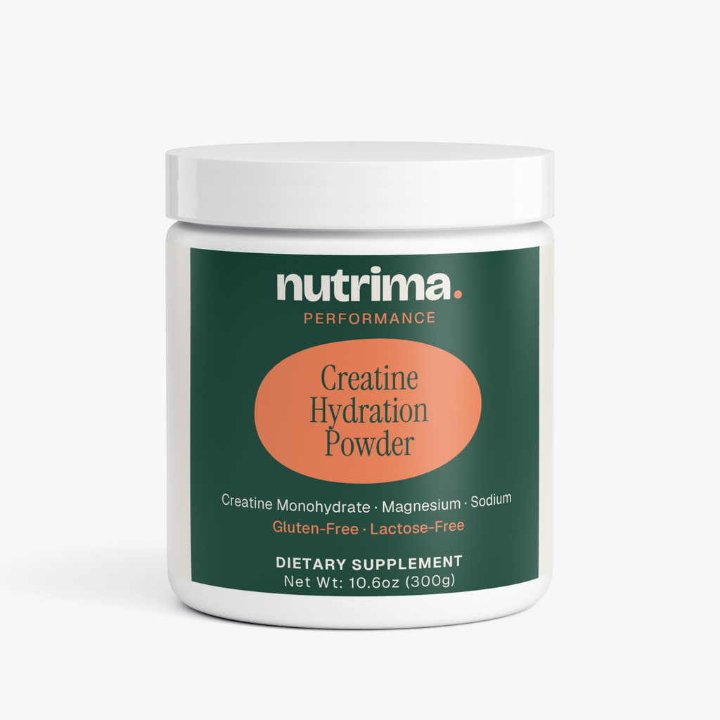 Creatine Hydration Powder in a white container with green and orange label