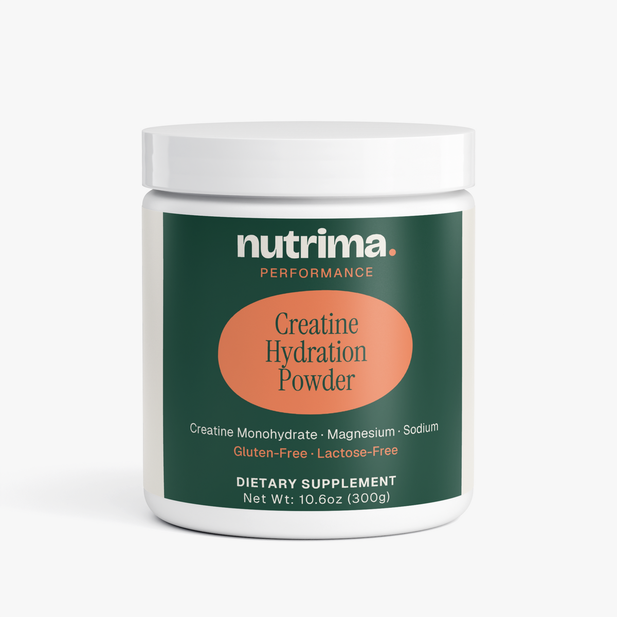 Creatine Hydration Powder in a white container with green and orange label