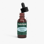 Amber glass bottle of Vitamin C Serum with dropper, highlighting the product name and brand, by nutrima.