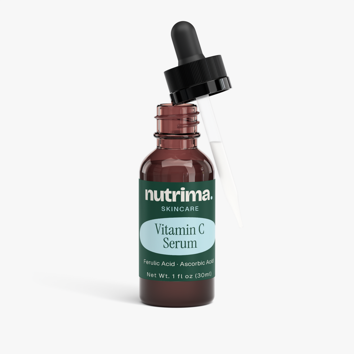 Amber glass bottle of Vitamin C Serum with dropper, highlighting the product name and brand, by nutrima.