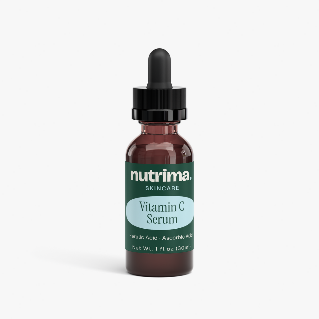 Brown dropper bottle of Vitamin C Serum featuring a teal label and black lid, showcasing facial care by nutrima.