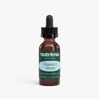 Brown dropper bottle of Vitamin C Serum featuring a teal label and black lid, showcasing facial care by nutrima.