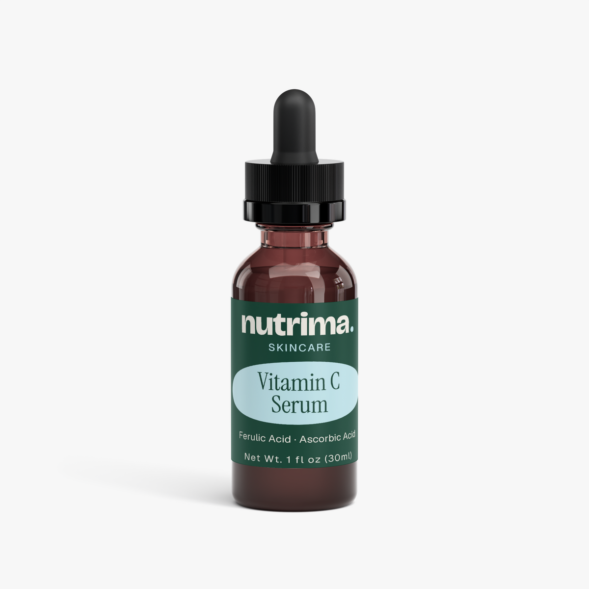 Brown dropper bottle of Vitamin C Serum featuring a teal label and black lid, showcasing facial care by nutrima.