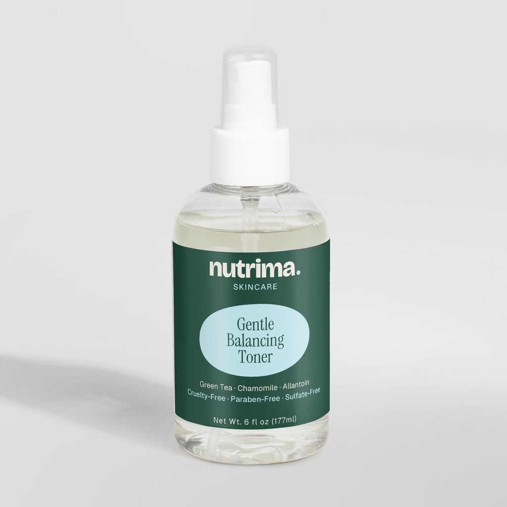 Clear bottle of Gentle Balancing Toner showcasing a green label and spray top, highlighting its calming ingredients by nutrim