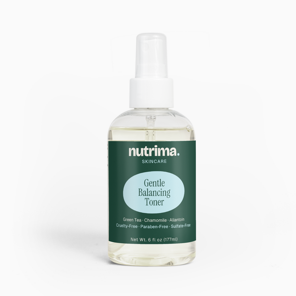 Gentle Balancing Toner in a clear spray bottle featuring a green label and cruelty-free details by nutrima.