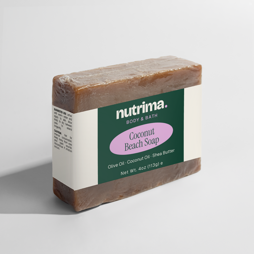 Coconut Beach Soap in brown, showcasing its distinct packaging and natural ingredients, by nutrima.