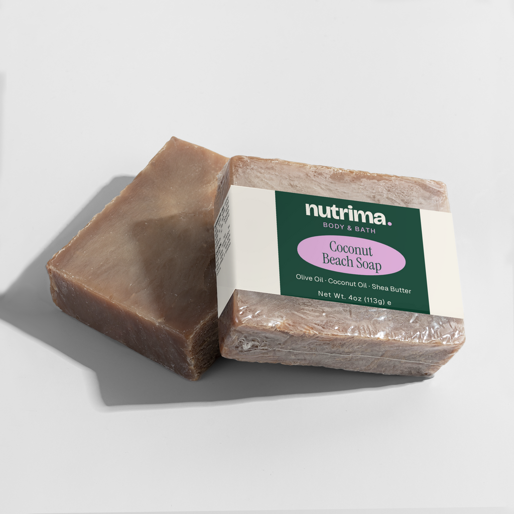 Coconut Beach Soap showcases a natural texture with packaging, highlighting the 4 oz bar by nutrima.