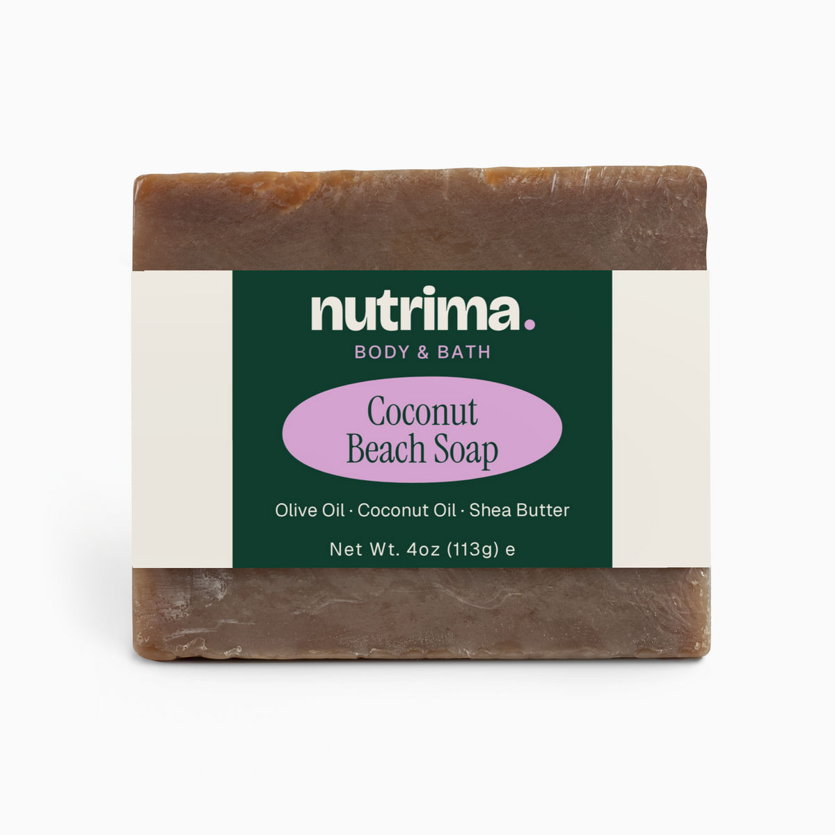 Coconut Beach Soap featuring olive oil and shea butter, displayed with branded packaging by nutrima.