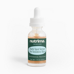 Clear bottle of Dark Spot Serum for Sensitive Skin by nutrima, featuring a dropper and light color serum inside.