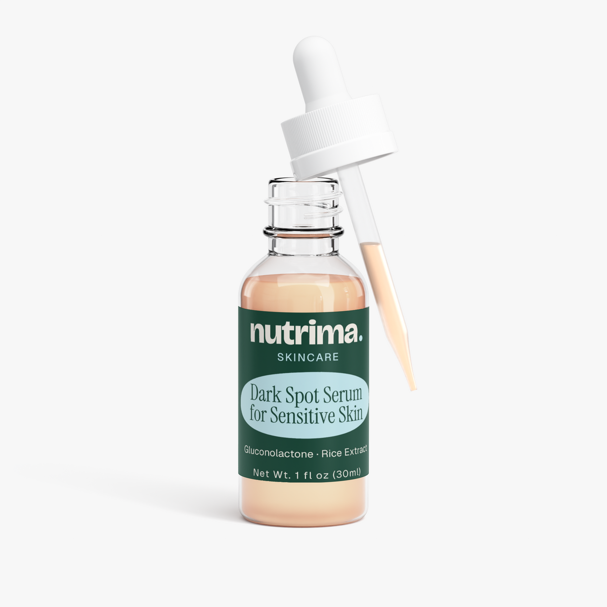 Light amber bottle with dropper showcasing Dark Spot Serum for Sensitive Skin by nutrima.