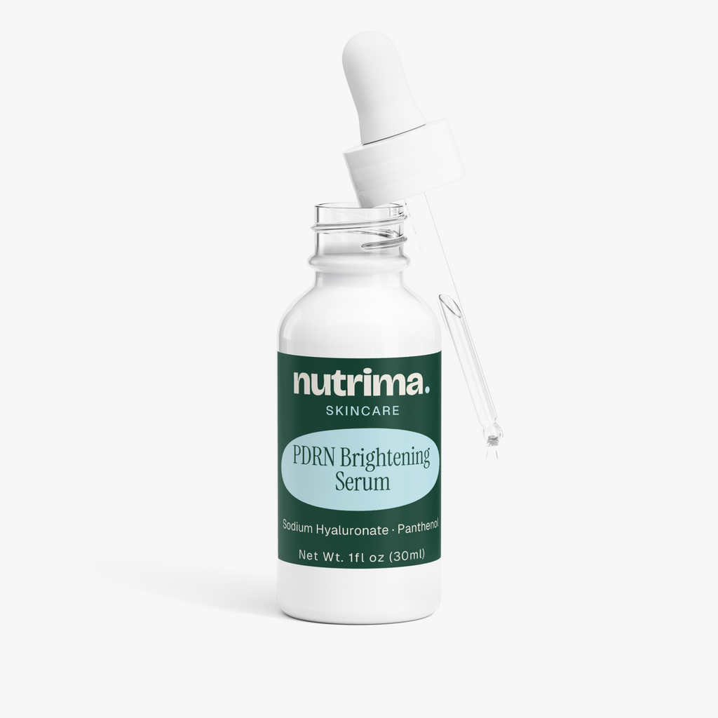 PDRN Brightening Serum in a white bottle with a dropper, showcasing the label details and brand, by nutrima.