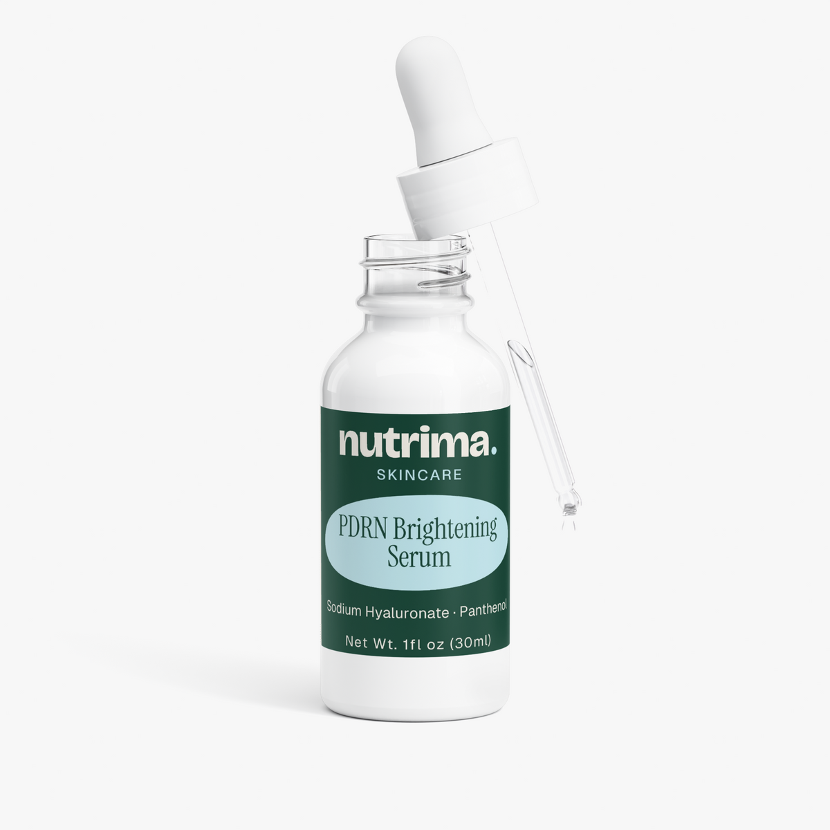 PDRN Brightening Serum in a white bottle with a dropper, showcasing the label details and brand, by nutrima.