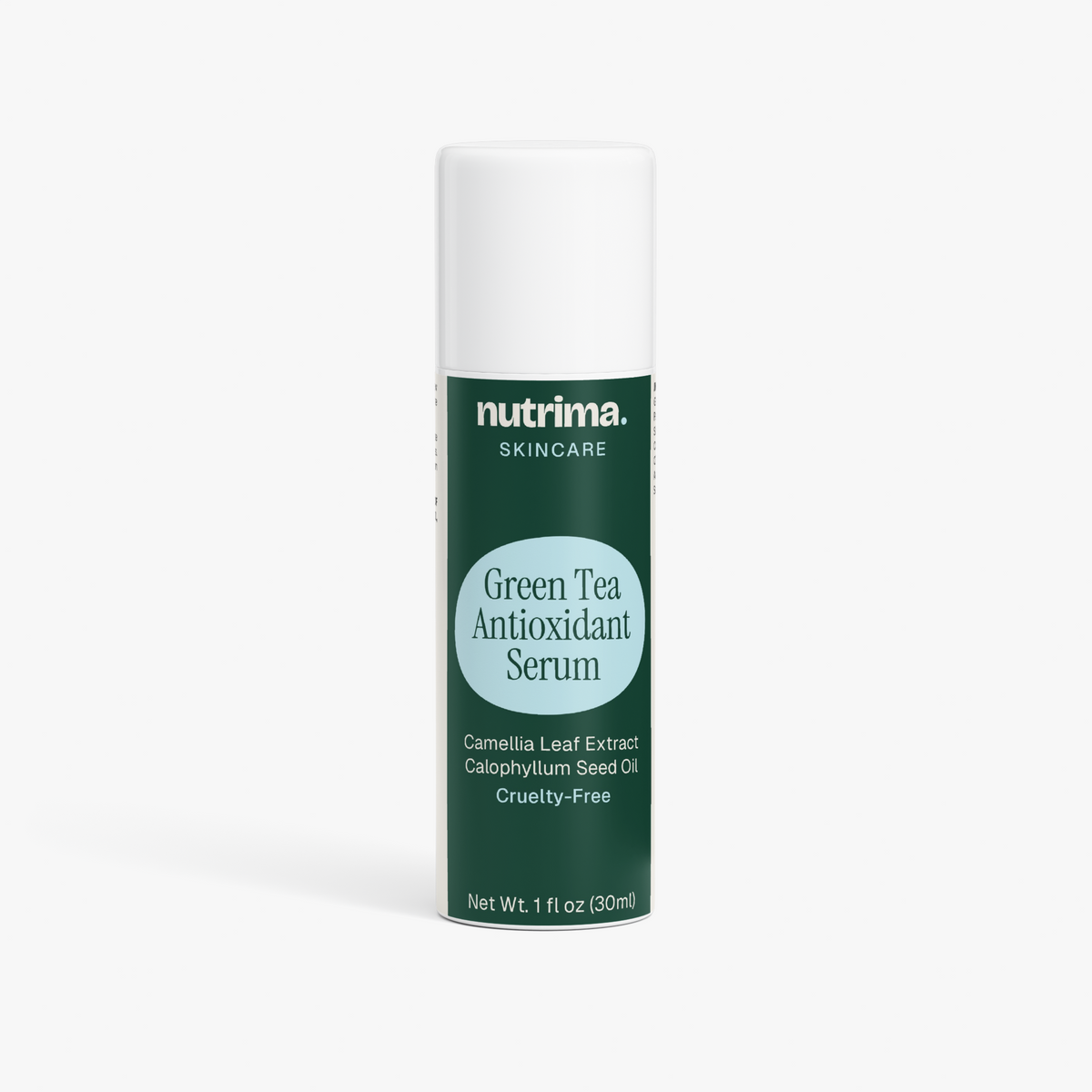 Green Tea Antioxidant Serum features a sleek green and white container, highlighting its cruelty-free skincare formulation by