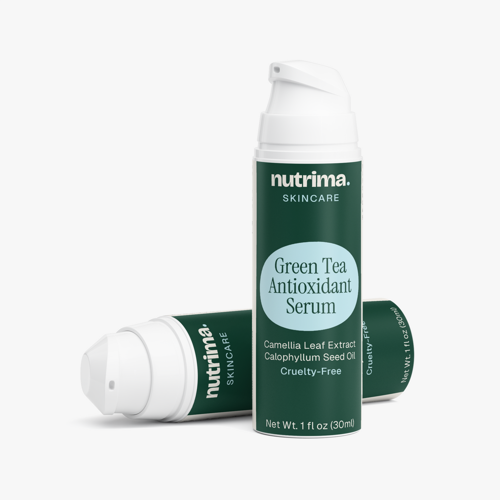 Green Tea Antioxidant Serum displayed in green packaging, highlighting its cruelty-free formula by nutrima.