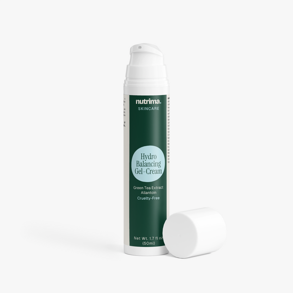 Hydro Balancing Gel-Cream in a sleek bottle with a white cap, featuring green tea extract by nutrima.