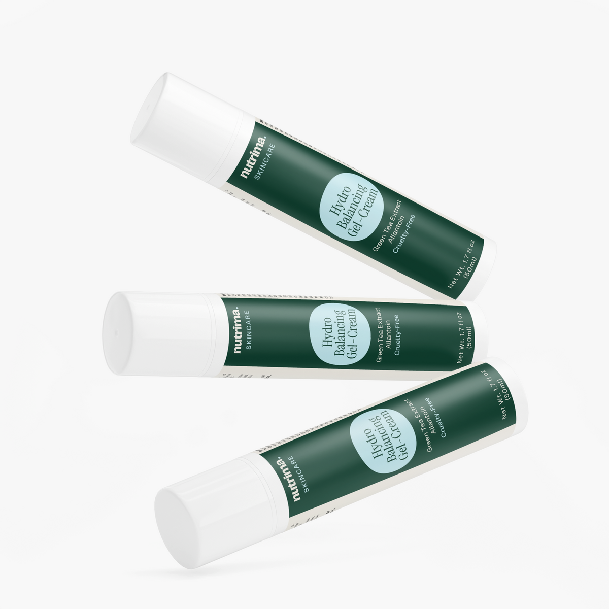 Three tubes of Hydro Balancing Gel-Cream displayed at an angle, featuring a green design by nutrima.