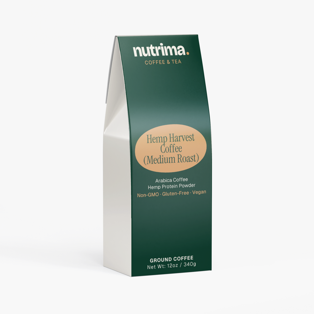 Distinctively shaped packaging of Hemp Harvest Coffee (Medium Roast) by nutrima, featuring a green and white design.