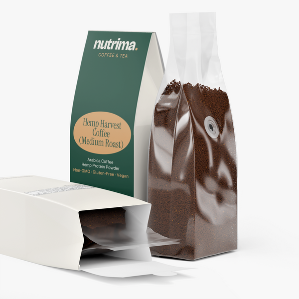 Hemp Harvest Coffee (Medium Roast) package with brown coffee grounds visible, featuring unique green branding by nutrima.