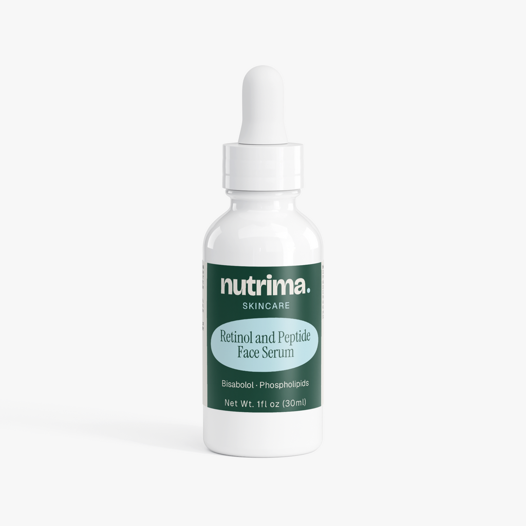 White bottle with dropper featuring "Retinol and Peptide Face Serum" label and green design by nutrima.