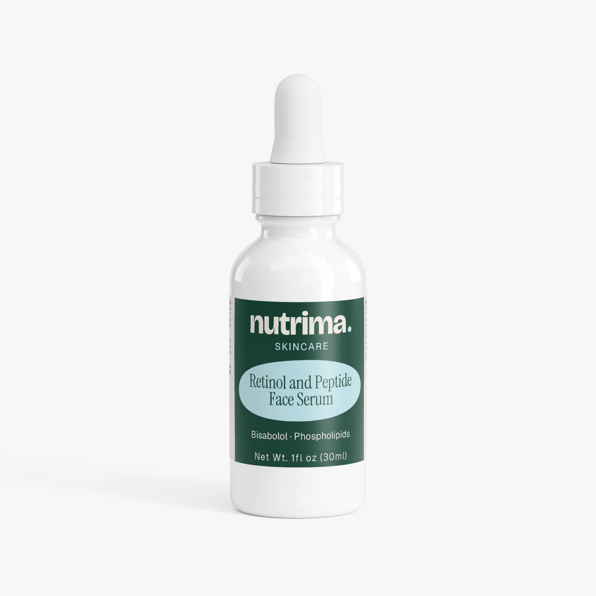 White bottle with dropper featuring "Retinol and Peptide Face Serum" label and green design by nutrima.