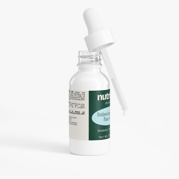 White bottle with dropper showcasing Retinol and Peptide Face Serum by nutrima, highlighting its distinct green label.