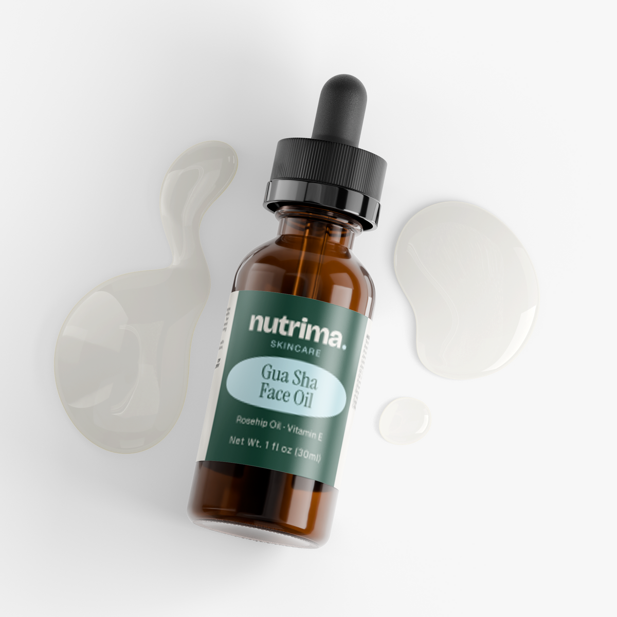 Brown glass bottle of Gua Sha Face Oil with rosehip and Vitamin E, surrounded by droplets, by nutrima.